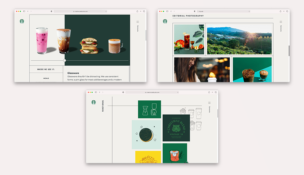 Different styles of photographs and drawings of the Starbucks brand