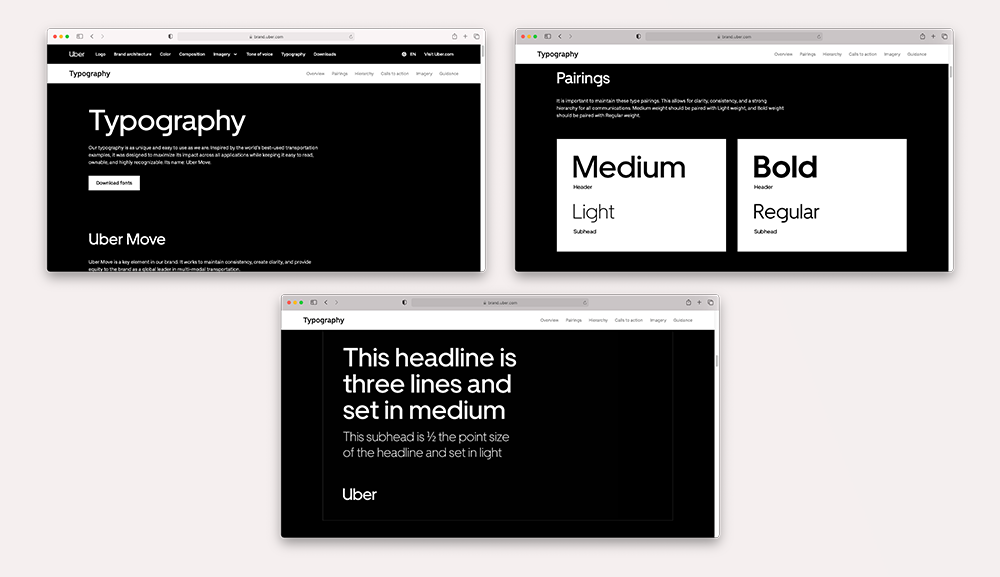 Pictures from the Uber website showing different types of typography used for the brand