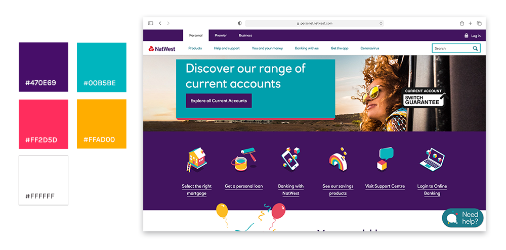 A picture showing Natwest's website and all the colour variations they use