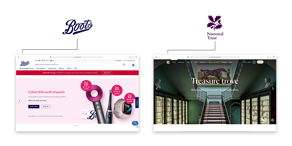 A picture showing two website homepages for Boots and the National Trust and their brand logos