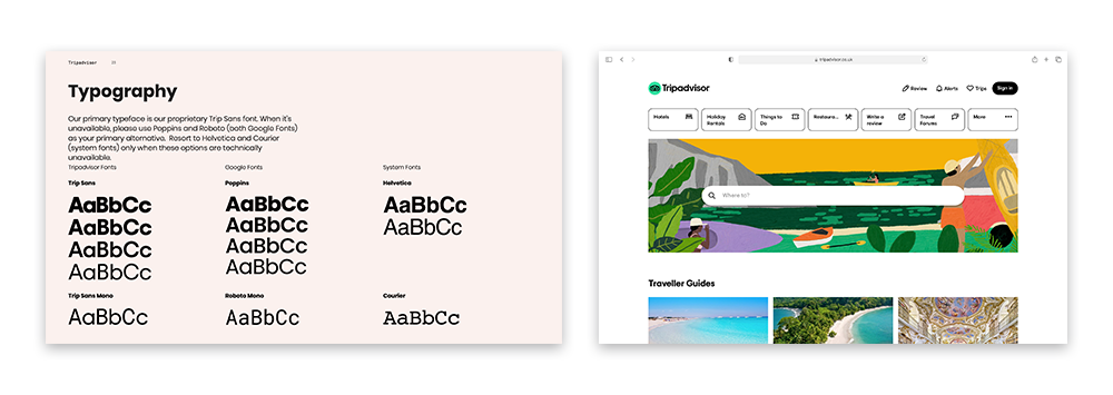 A picture showing Trip Advisor's brand guidelines demonstrating what fonts should be used