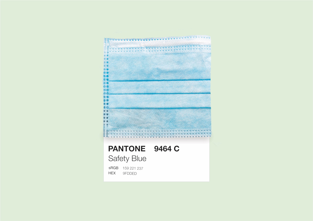 An image showing a blue face mask with the Pantone shade it is underneath